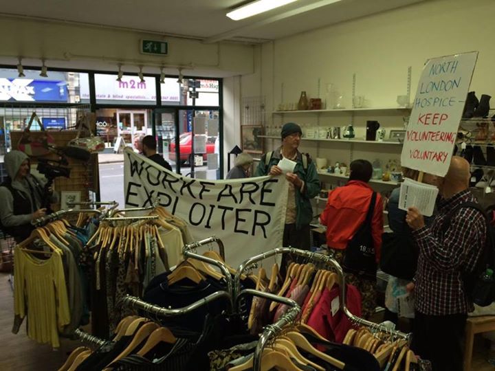 Haringey Solidarity Group occupying a North London Hospice shop against workfare